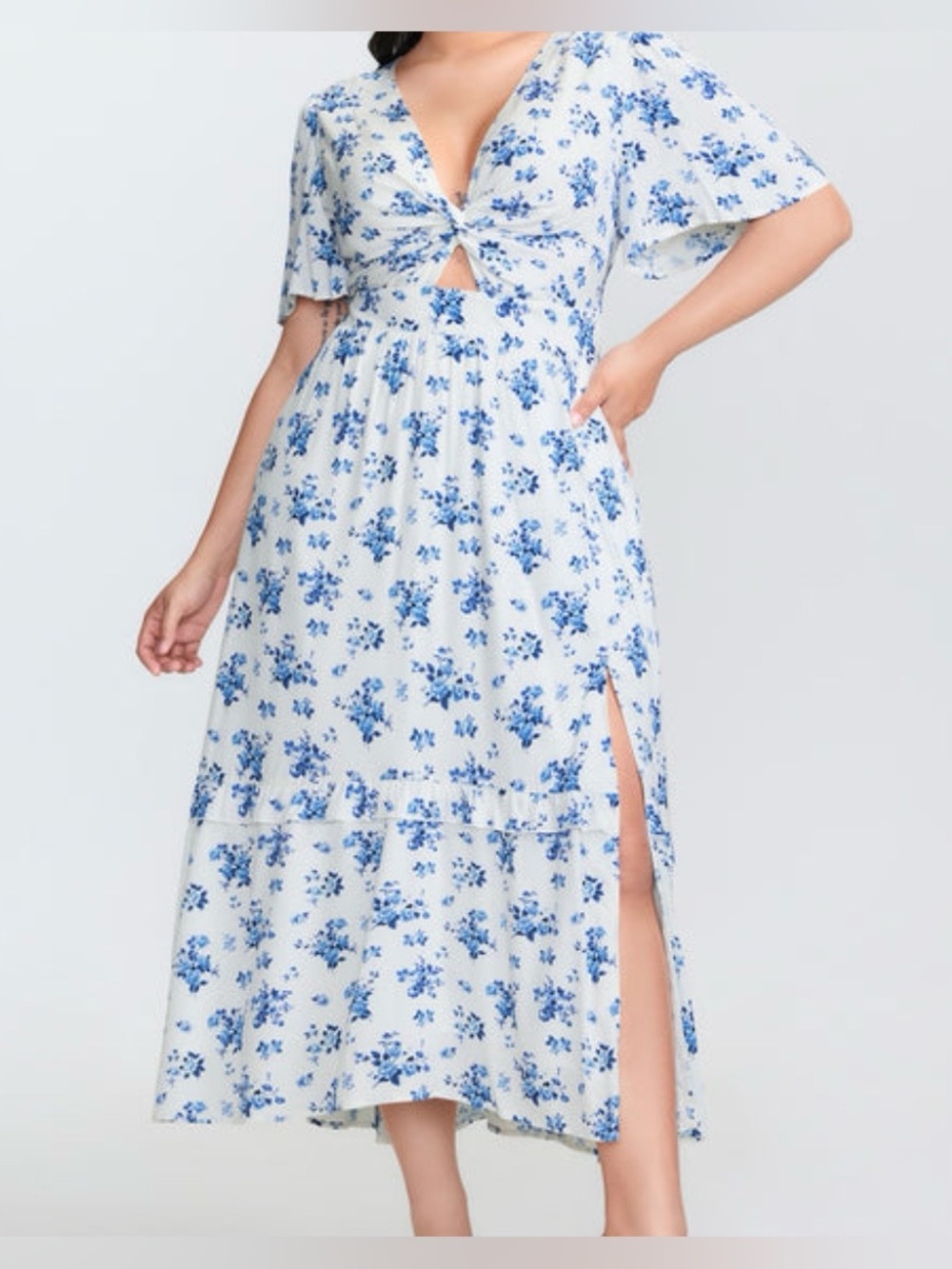 Floral Print Cut-Out Twisted Midi Dress